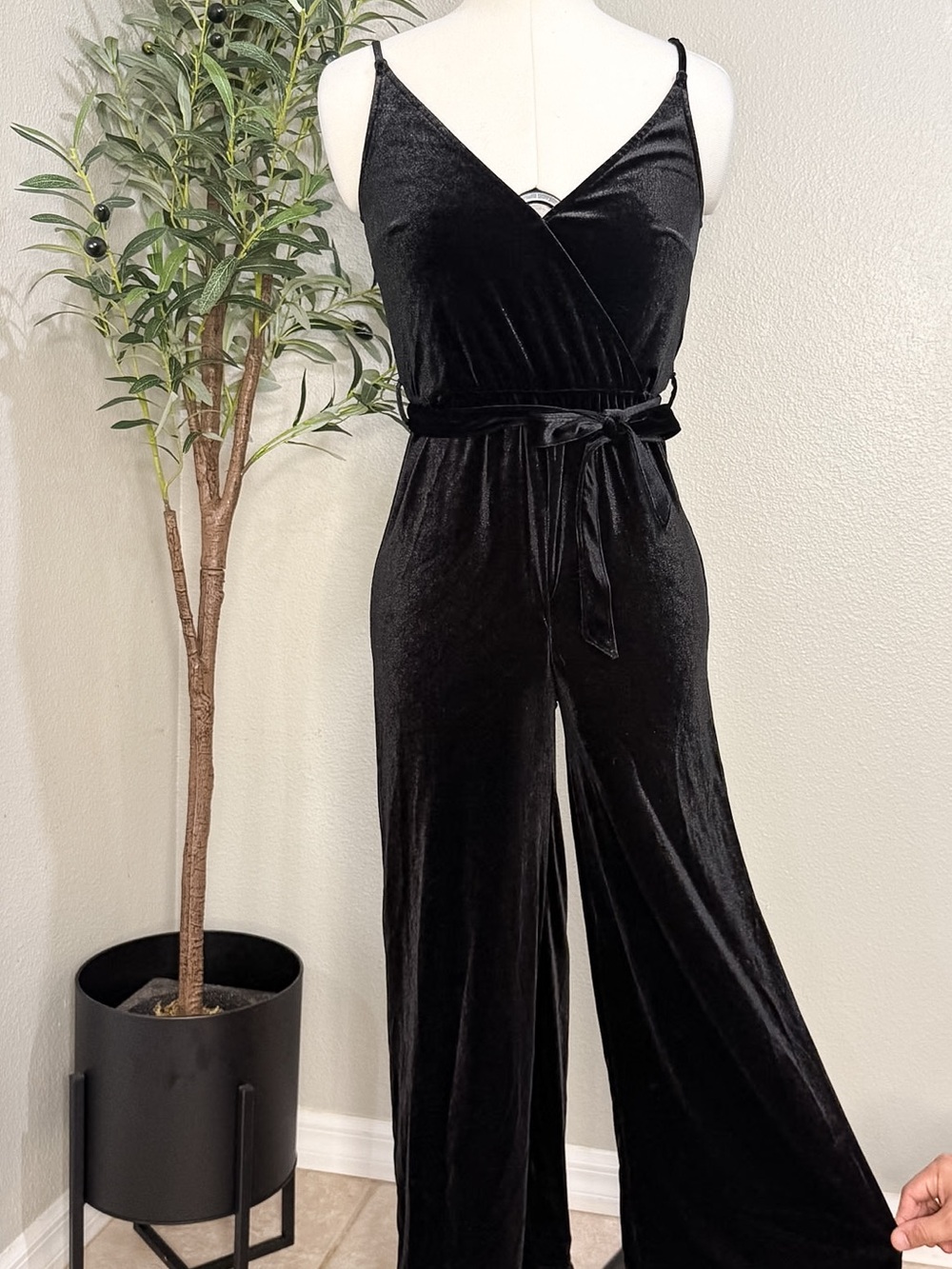 Black Velvet Flowy Jumpsuit with Tie Waist